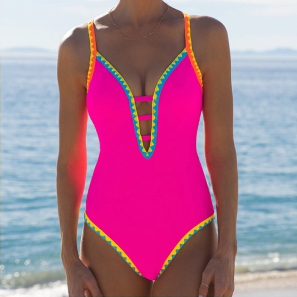 Shell Trim Front Strappy Back Tie neon hot pink One Piece Swimsuit size XXL NWT
